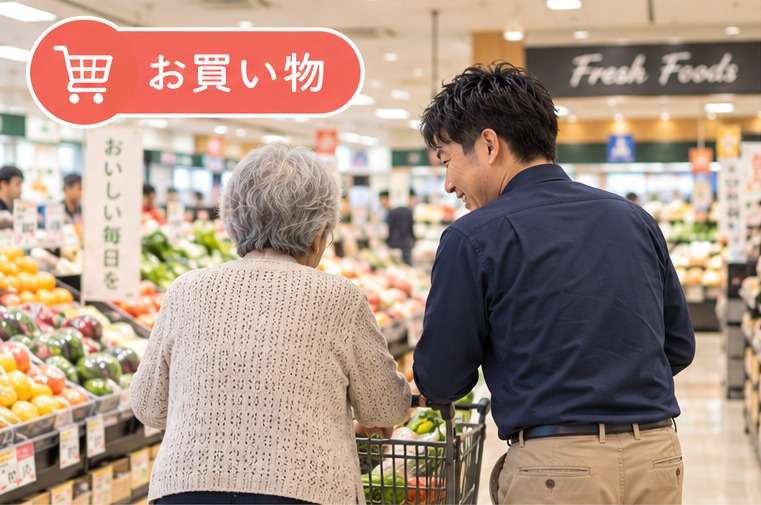 高齢の方のお買い物に付き添う様子