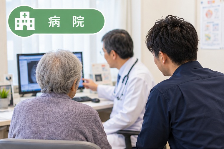 高齢の方の病院受診に付き添う様子