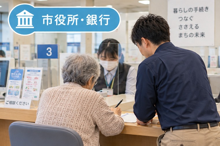 高齢の方の市役所や銀行での手続きに付き添う様子
