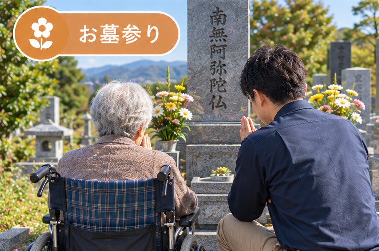 車いすを利用する高齢の方のお墓参りに付き添う様子